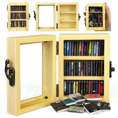 Anxiety Bookshelf Mini Bookshelf Ornament Miniature Bookshelf Decor Shake Away Your Anxiety Miniature Book Library with 60pcs Mini Books for Book Lovers Home Room Office Decor (Natural Color)