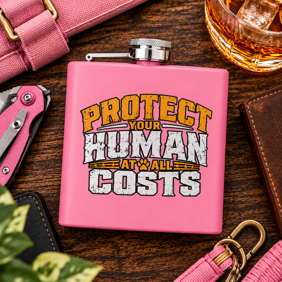 "Protect Your Human At All Costs" Stainless Steel 6oz Hip Flask