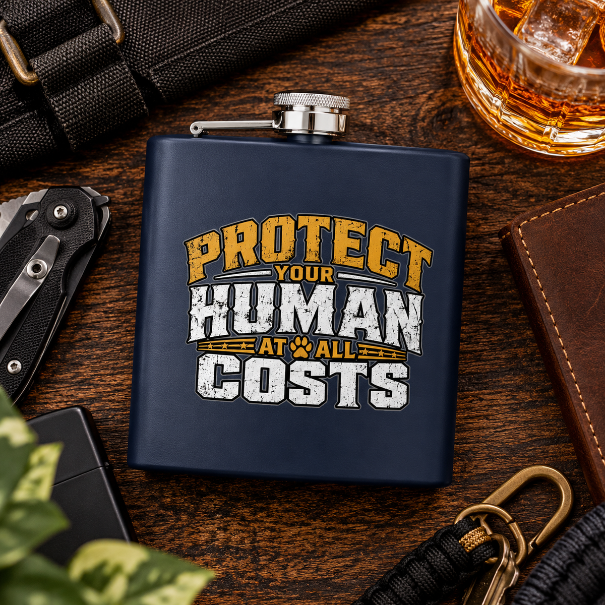 "Protect Your Human At All Costs" Stainless Steel 6oz Hip Flask
