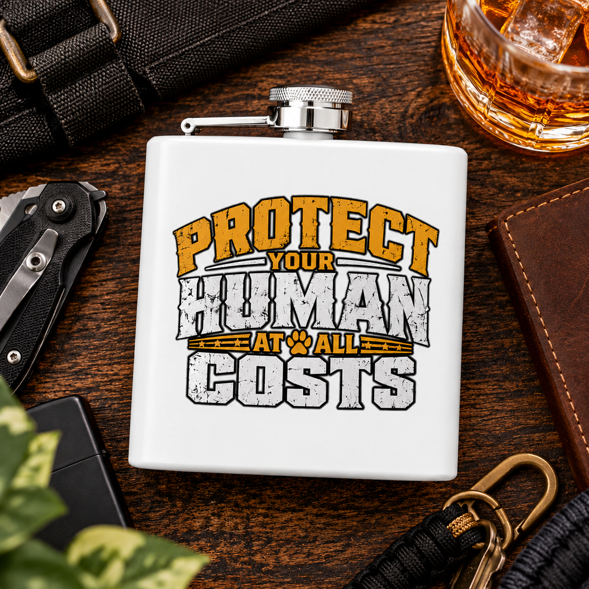 "Protect Your Human At All Costs" Stainless Steel 6oz Hip Flask