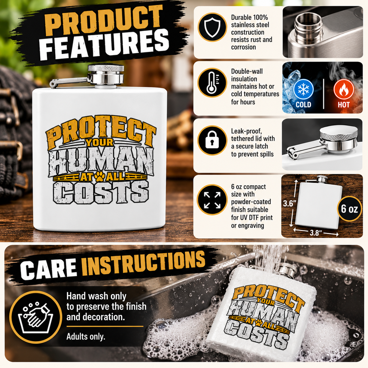 "Protect Your Human At All Costs" Stainless Steel 6oz Hip Flask