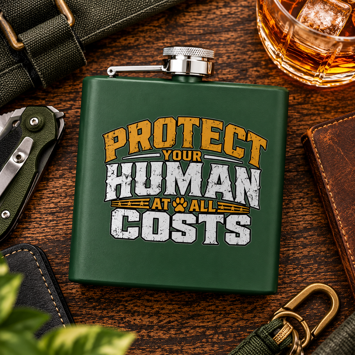 "Protect Your Human At All Costs" Stainless Steel 6oz Hip Flask