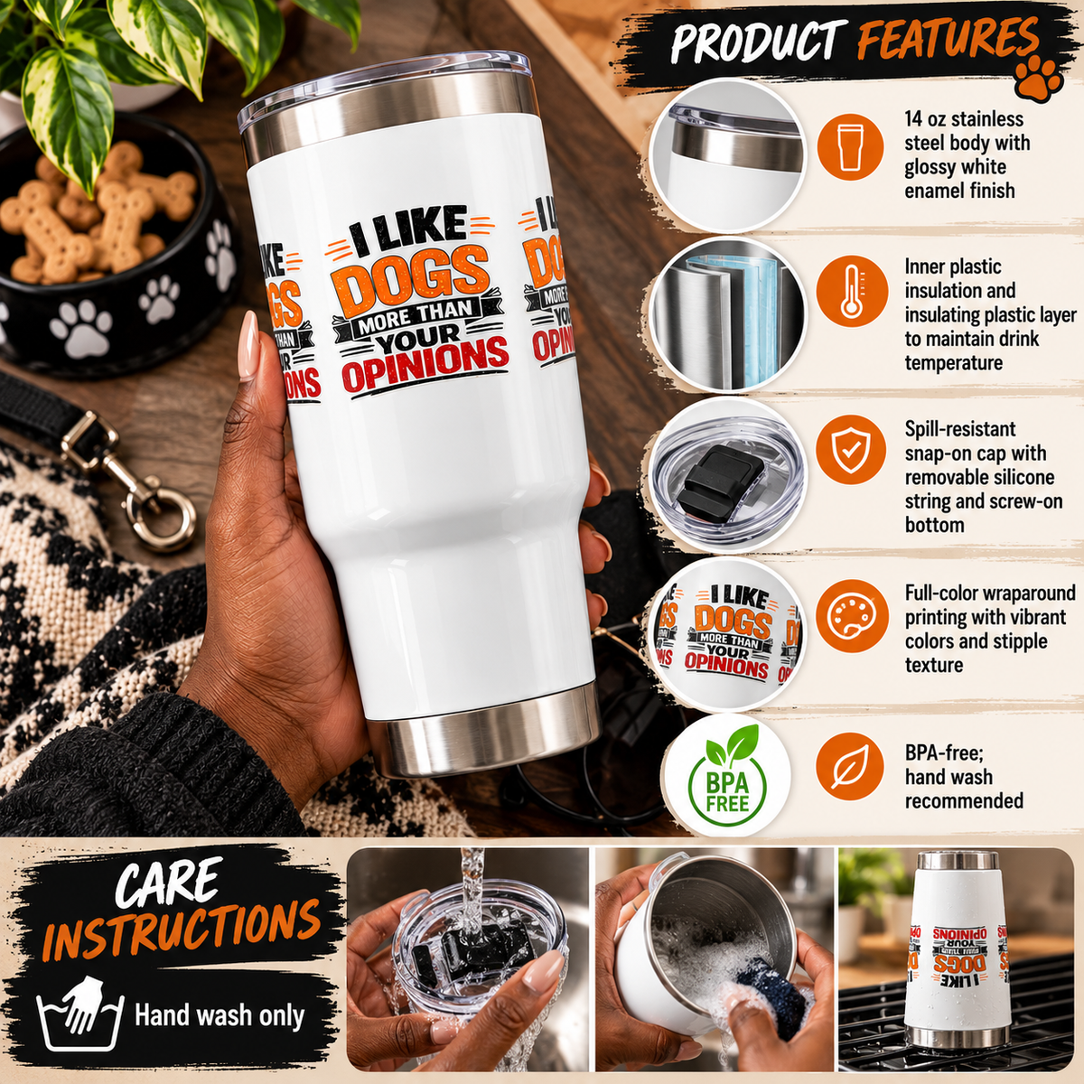 “I Like Dogs More Than Your Opinions” Stainless Steel 14oz Travel Mug
