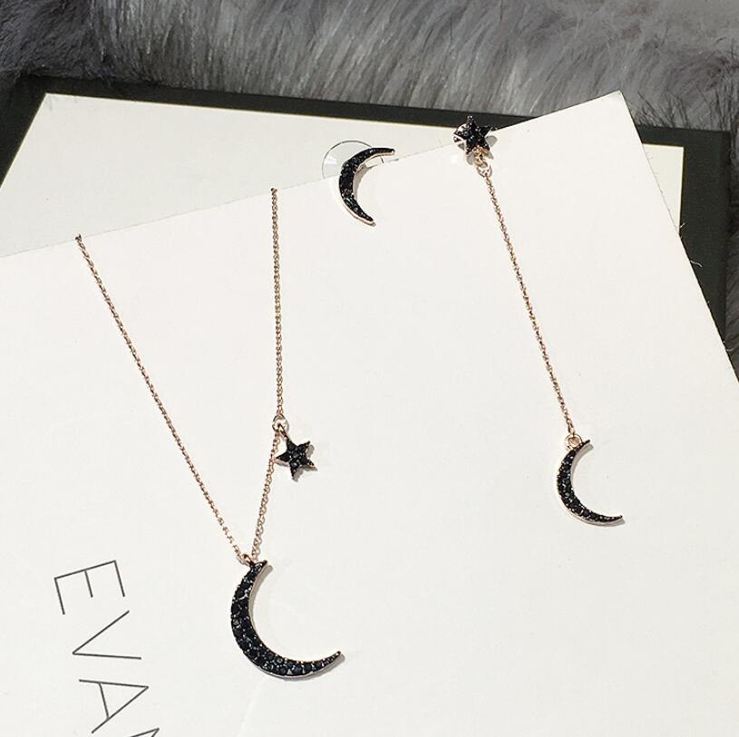 Black Diamond Star Moon Necklace & Asymmetrical Earrings