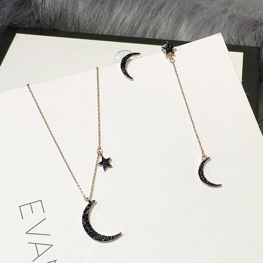 Black Diamond Star Moon Necklace & Asymmetrical Earrings