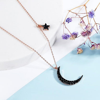Black Diamond Star Moon Necklace & Asymmetrical Earrings