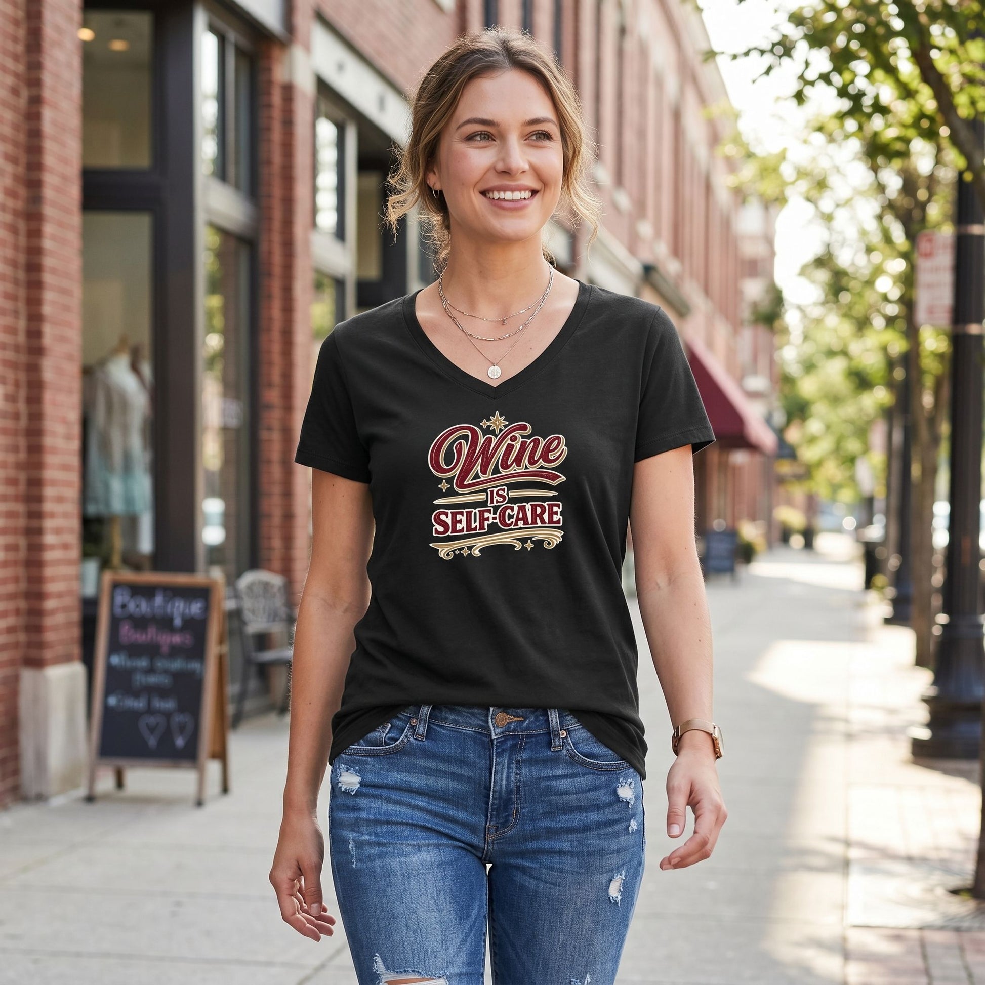 Woman outdoors wearing a white V-neck tee and jeans walking along a city street with urban background.