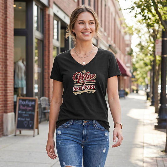 Woman outdoors wearing a white V-neck tee and jeans walking along a city street with urban background.