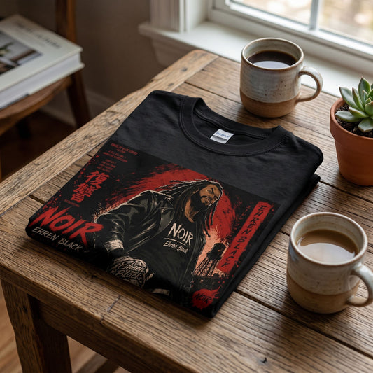 Neatly folded Noir T-shirt on a rustic wooden table with warm indoor lighting and home accessories.