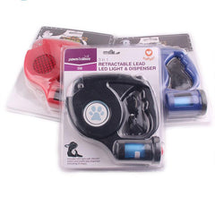 LED Dog Leash with Waste Bag Dispenser and Retractable Cord
