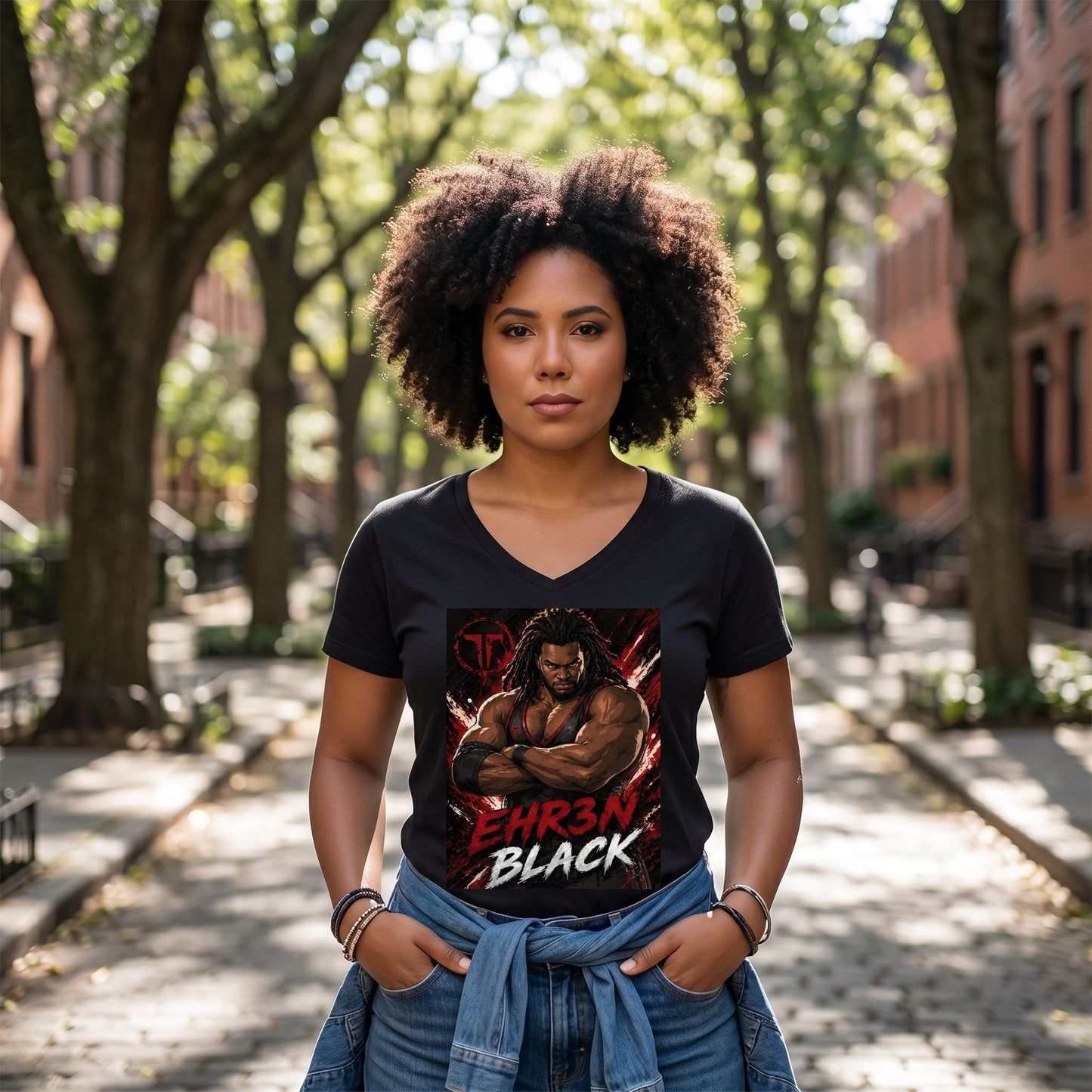 Female model outdoors in EB Dominance V-neck T-shirt showcasing fit and fabric texture on leafy street.