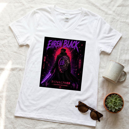 Styled flat lay of the EB Back V-Neck T-Shirt with casual props, highlighting fabric texture and V-neck shape in natural daylight.