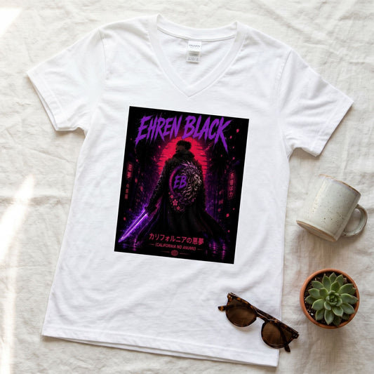 Styled flat lay of the EB Back V-Neck T-Shirt with casual props, highlighting fabric texture and V-neck shape in natural daylight.