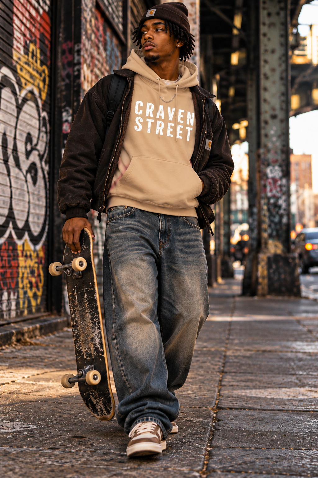 Craven Street Distressed Logo Hoodie — Vintage Streetwear Pullover