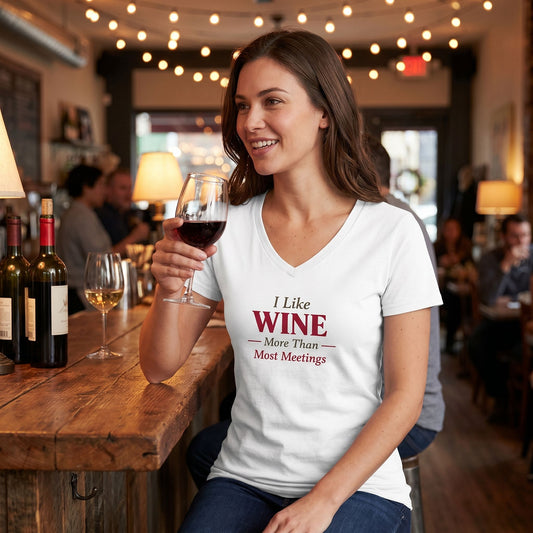 Model seated in a cozy cafe with a pink 'I like wine more than meetings' T-shirt, holding a glass of wine, with warm ambient lighting.