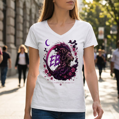 Outdoor scene with a model walking on a sunny day wearing EB Lion V-Neck T-Shirt, emphasizing the relaxed fit and natural cotton drape against a blurred urban background.