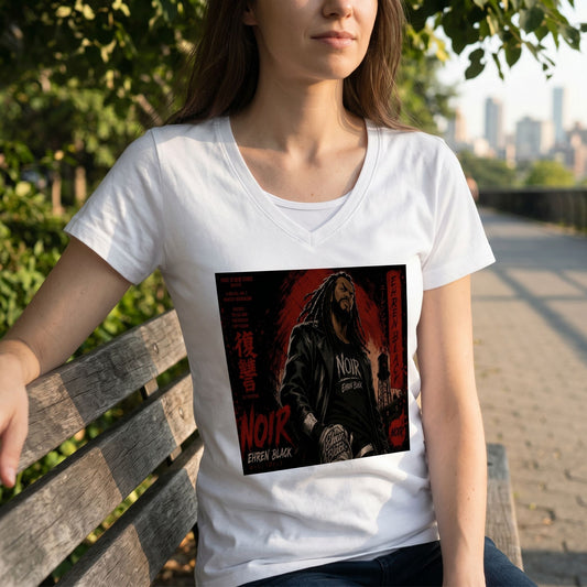 Model outdoors wearing layered EB Red V-Neck T-Shirt on a park bench, with natural sunlight and greenery in the background.