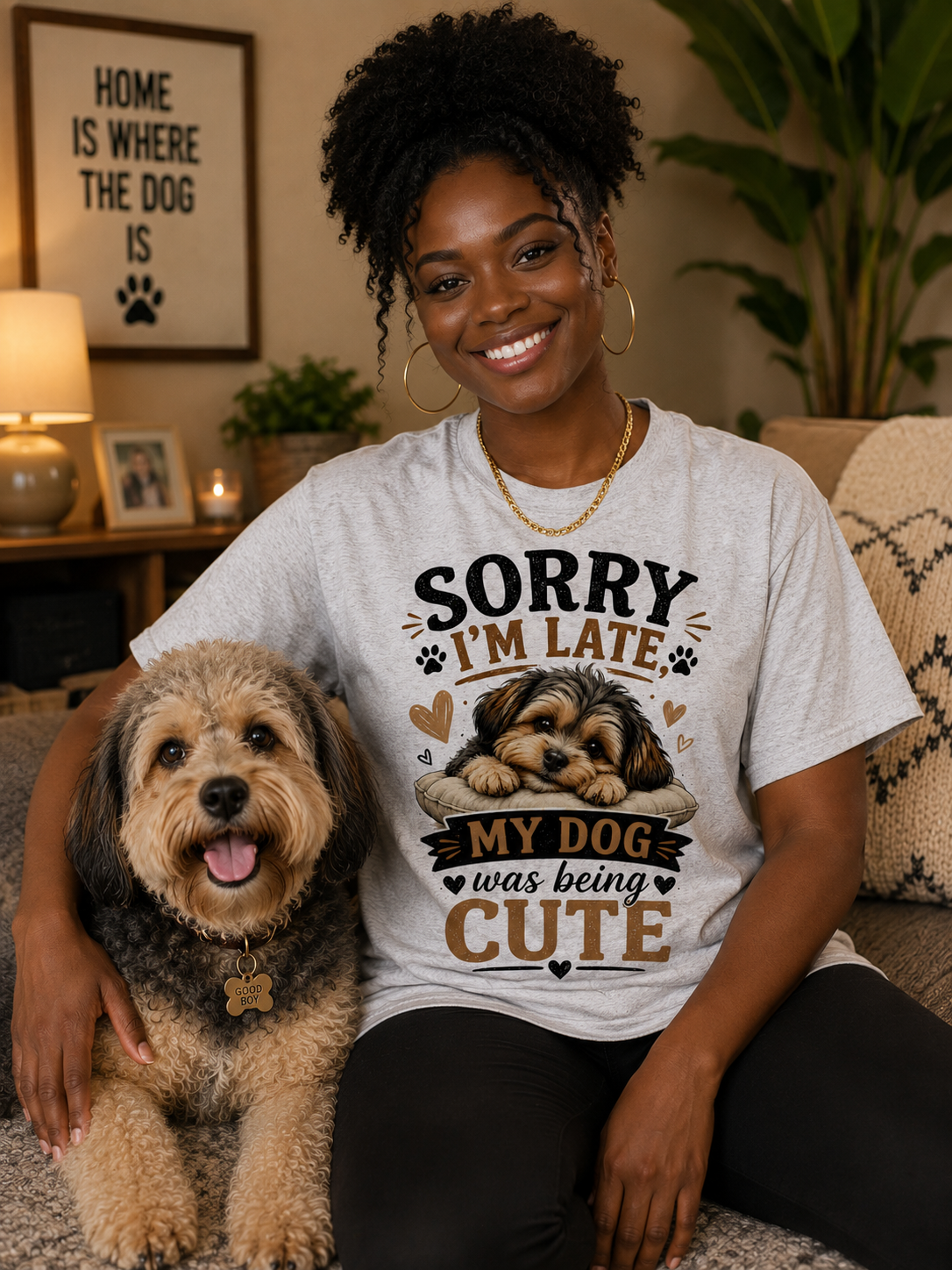 Sorry I'm Late My Dog Was Being Cute Message Tee