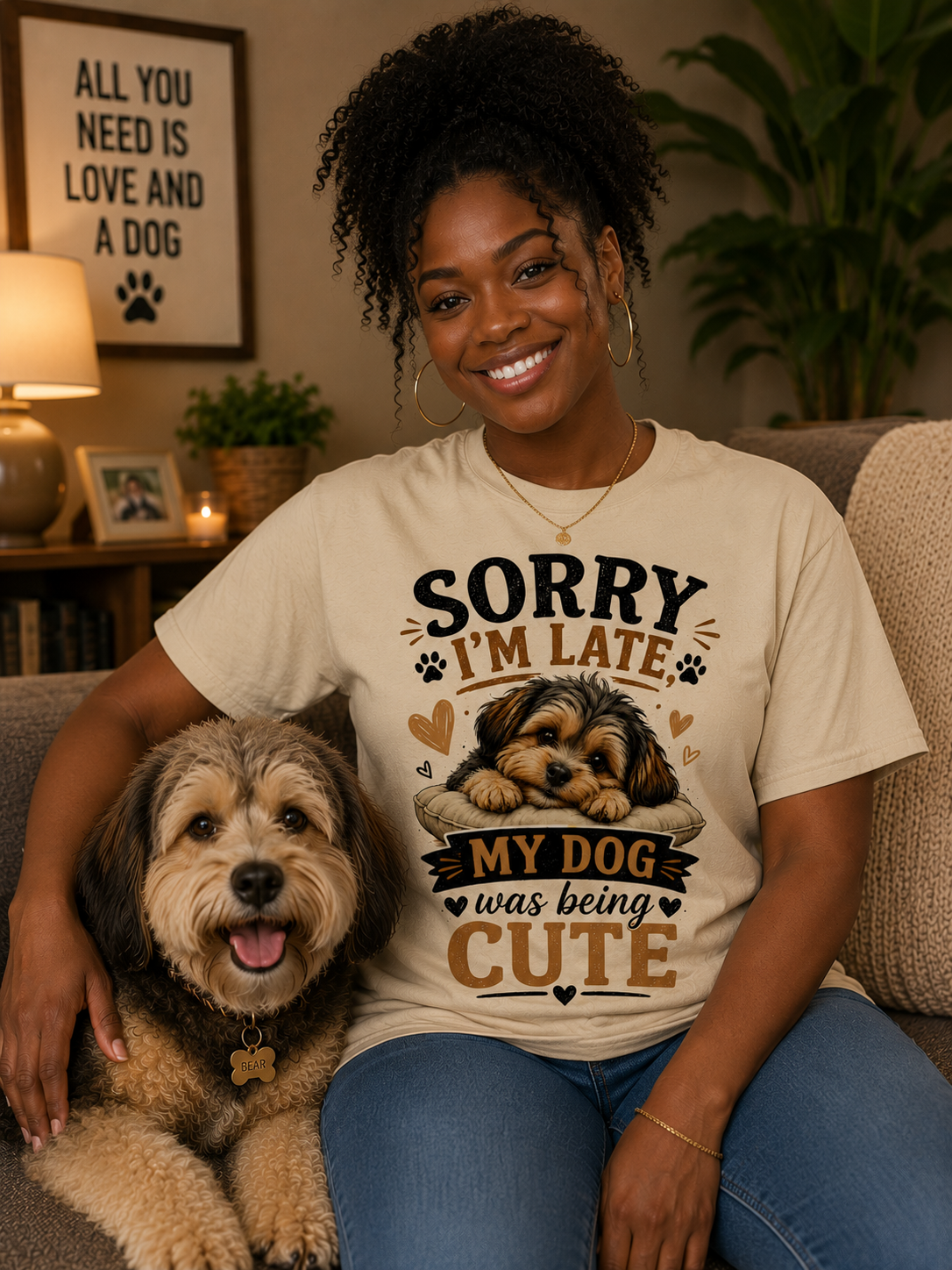Sorry I'm Late My Dog Was Being Cute Message Tee