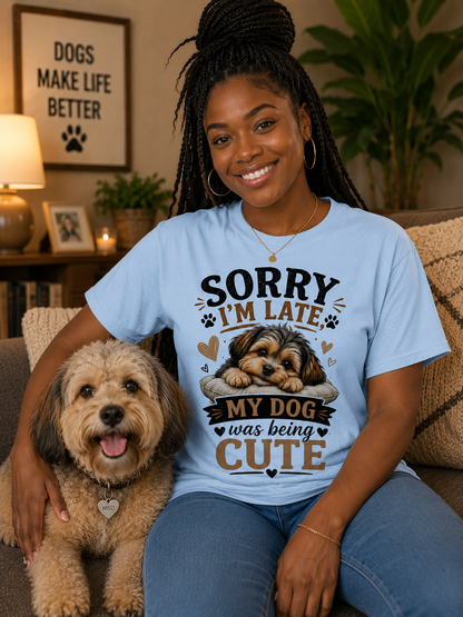 Sorry I'm Late My Dog Was Being Cute Message Tee