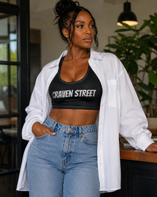Craven Street Black Crop Sports Bra — Bold Logo Activewear
