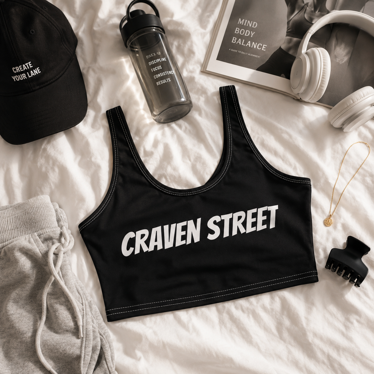 Craven Street Black Crop Sports Bra — Bold Logo Activewear