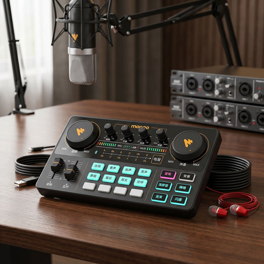 Close-up of the universal live broadcast sound card set on a dark wooden table in a recording studio with ambient lighting.