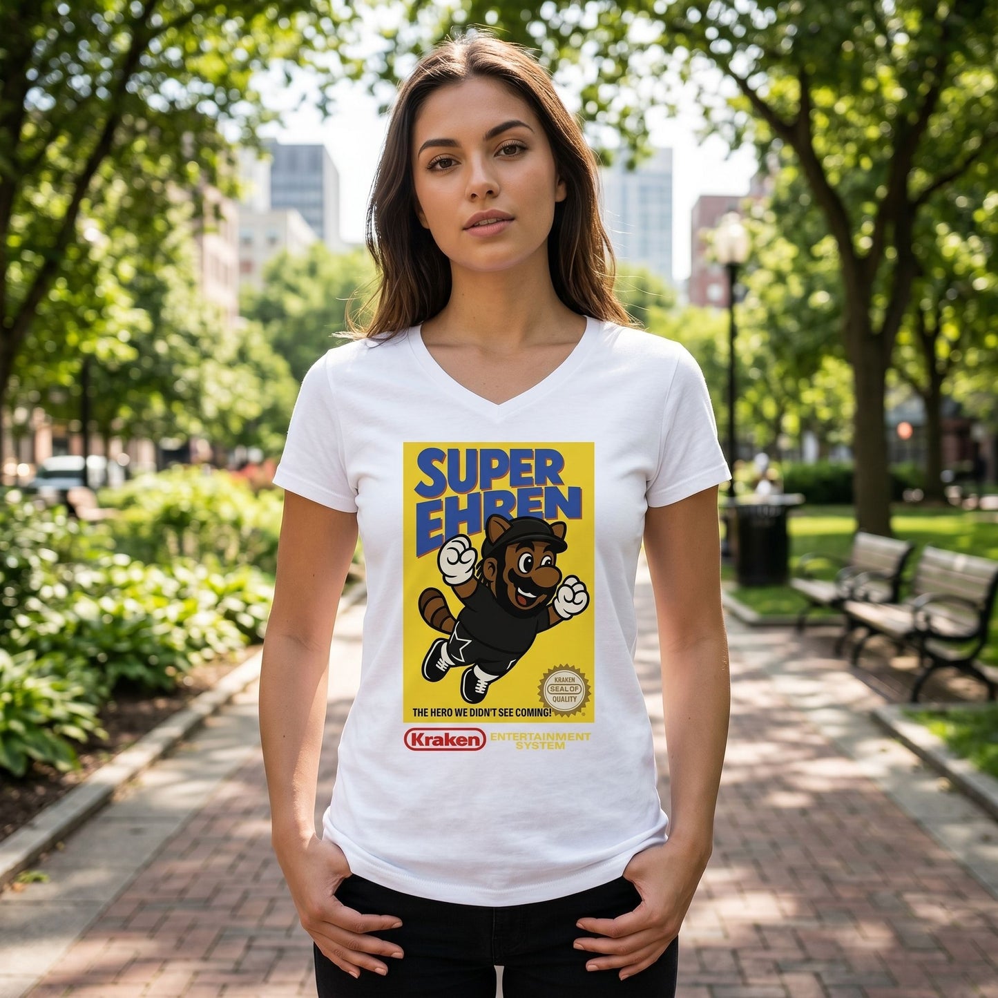 Female model wearing white Gildan G500VL V-neck T-shirt outdoors in park showing fit and sideseam details.